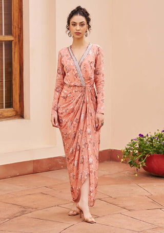Chhavvi Aggarwal-Peach Printed Draped Dress-INDIASPOPUP.COM