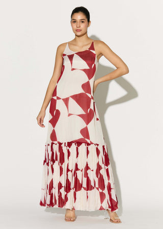 White and red abstract sleeveless long dress