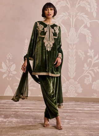 Military green velvet kurta set