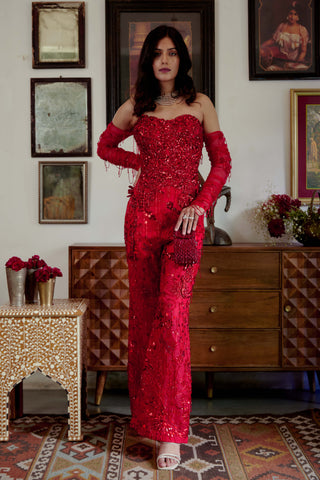 Mirha red strapless jumpsuit