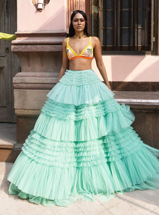 Colorblocked silk bralette and tulle skirt