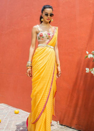 Yellow Leheriya Georgette Sari Set by The Little Black Bow available on Indiaspopup