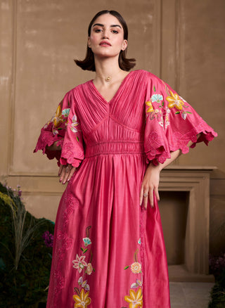 Fuchsia floral embroidered ruched dress