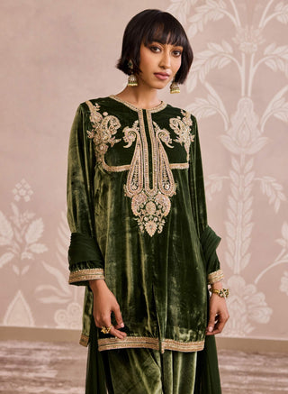 Military green velvet kurta set