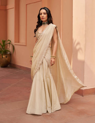 Chhavvi Aggarwal-Ivory Tissue Lehenga Sari Set-INDIASPOPUP.COM