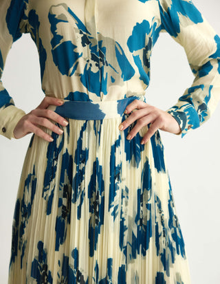 White blue floral shirt and skirt