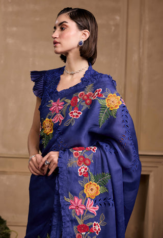 Cobalt blue floral ruffled top and sari