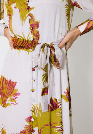 Beige, mustard and hot pink floral shirt dress