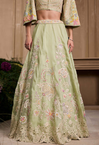 Mint green contrast embroidered bolero jacket and lehenga