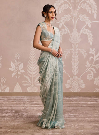 Sage green gold tissue sari set