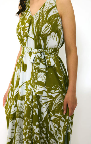 Leaf green and white floral sleeveless long dress