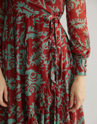 Mint and red floral wrap dress