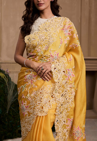 Ivory 3D Rose Applique Top And Yellow Sari by Chandrima available on Indiaspopup