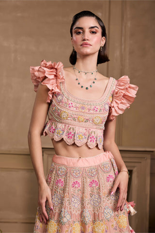 Soft Pink Contrast Ruffled Bustier And Lehenga by Chandrima available on Indiaspopup