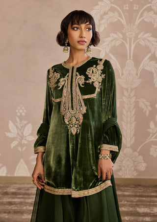 Military green velvet kurta and sharara set