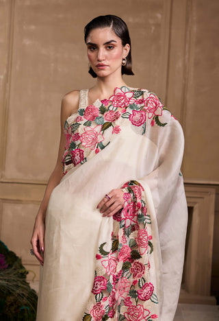 Ivory Rose Threadwork Sari And Unstitched Blouse Piece by Chandrima available on Indiaspopup