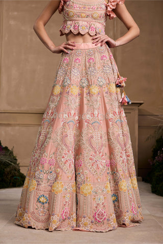 Soft Pink Contrast Ruffled Bustier And Lehenga by Chandrima available on Indiaspopup