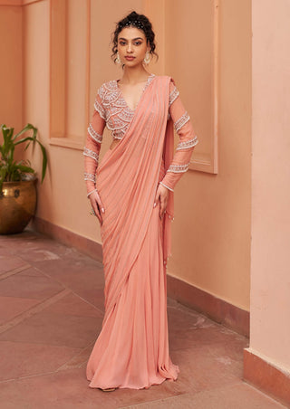 Peach sari and embroidered blouse