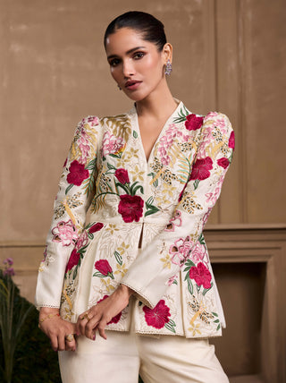 Ivory Floral Foliage Pleated Peplum Jacket And Pants by Chandrima available on Indiaspopup