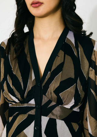 Gold, black and white pattern midi dress