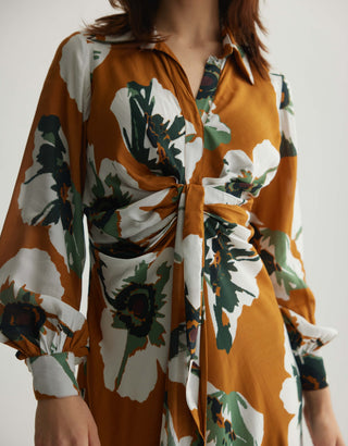 Rust And White Floral Drape Shirt Dress by Koai available on Indiaspopup