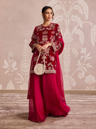 Fuchsia velvet kurta and sharara set