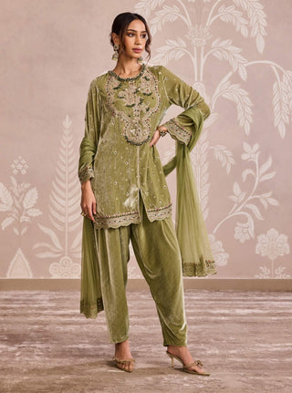 Olive green velvet kurta set