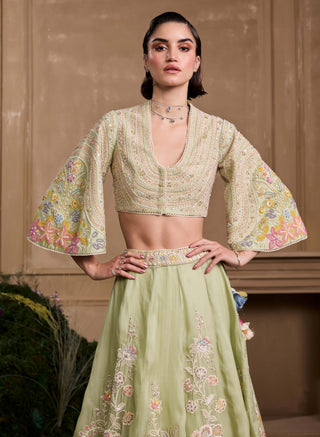 Mint green contrast embroidered bolero jacket and lehenga