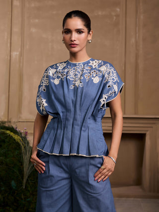 Blue contrast cutwork pleated top and flared pants