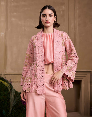 Rose pink bubble hem top, jacket and pants