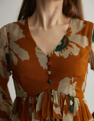 Rust And Beige Floral Long Dress by Koai available on Indiaspopup