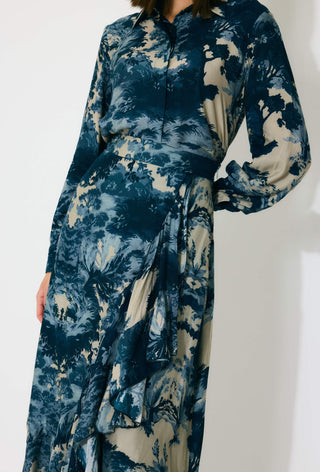 Blue, indigo and beige toile print shirt and skirt