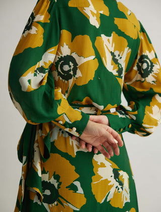 Green and mustard floral shirt and skirt