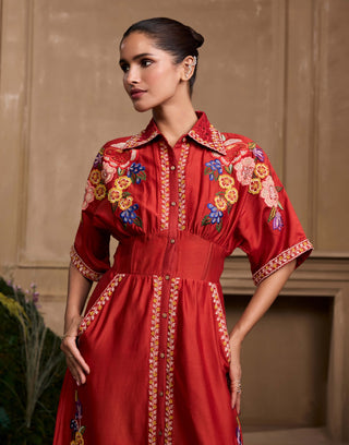 Red embroidered corseted shirt dress