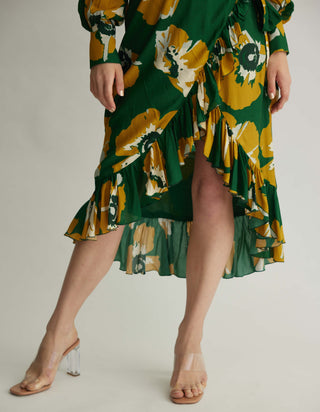 Green And Mustard Floral Shirt And Skirt by Koai available on Indiaspopup