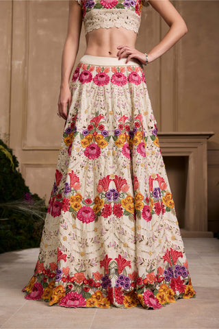 Ivory Multicoloured Floral Bustier And Lehenga by Chandrima available on Indiaspopup