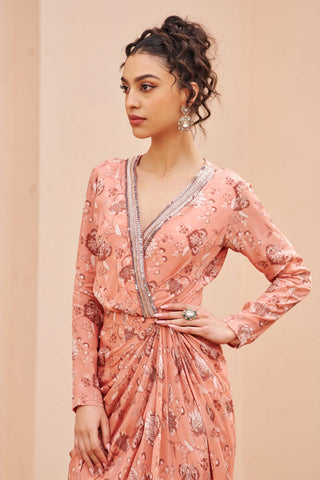 Chhavvi Aggarwal-Peach Printed Draped Dress-INDIASPOPUP.COM