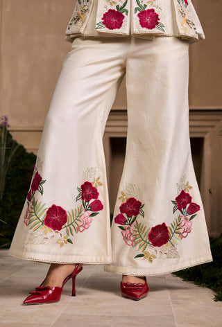 Ivory floral foliage pleated peplum jacket and pants