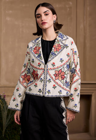 Ivory Contrast Panel Floral Short Jacket by Chandrima available on Indiaspopup