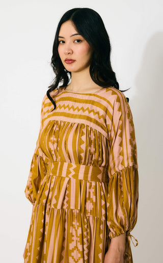 Mustard and peach pattern midi dress