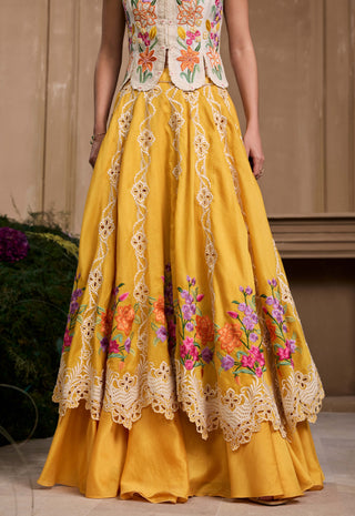 Ivory Floral Embroidered Panelled Waistcoat And Lehenga by Chandrima available on Indiaspopup