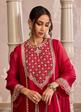 Bold red embroidered organza kurta set