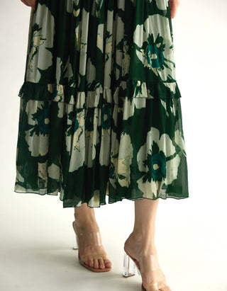 Green and beige floral midi dress