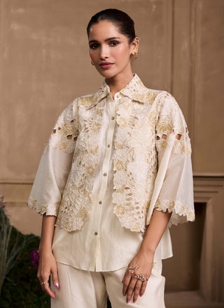 Ivory metallic cutwork layered shirt and pants