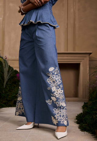 Blue Contrast Cutwork Pleated Top And Flared Pants by Chandrima available on Indiaspopup