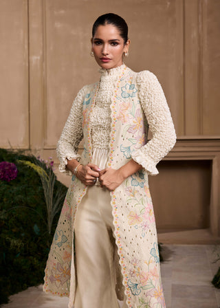 Ivory Pattern Smocked Top, Jacket And Pants by Chandrima available on Indiaspopup