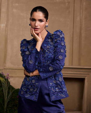 Cobalt blue metallic quilted peplum jacket and pants