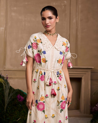 Ivory Applique And Threadwork Floral Shirt Dress by Chandrima available on Indiaspopup