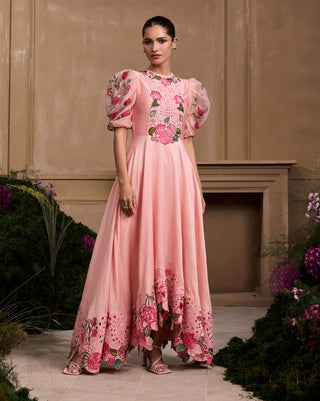 Rose Pink Embroidered Flounce Dress by Chandrima available on Indiaspopup