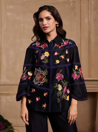 Black floral embroidered panel shirt and pants